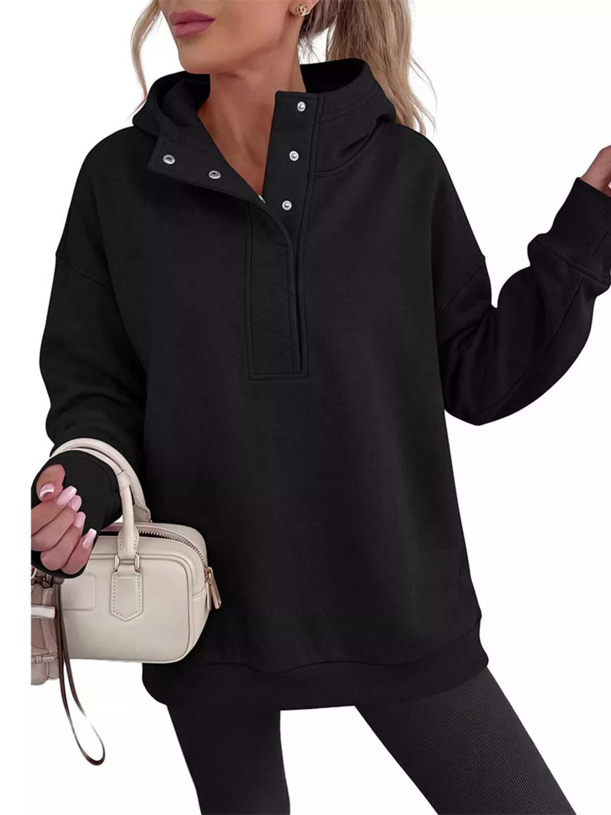 Half Snap Dropped Shoulder Hoodie - Lilixa.store