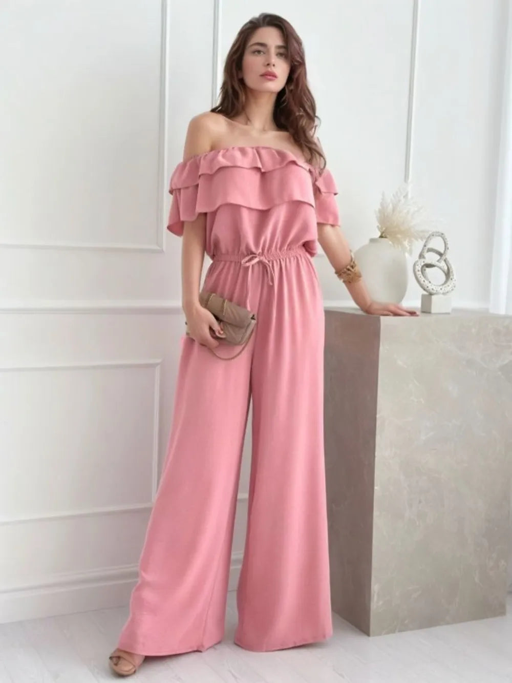 Ruffled Off  Shoulder Wide Leg Jumpsuit - Lilixa.store