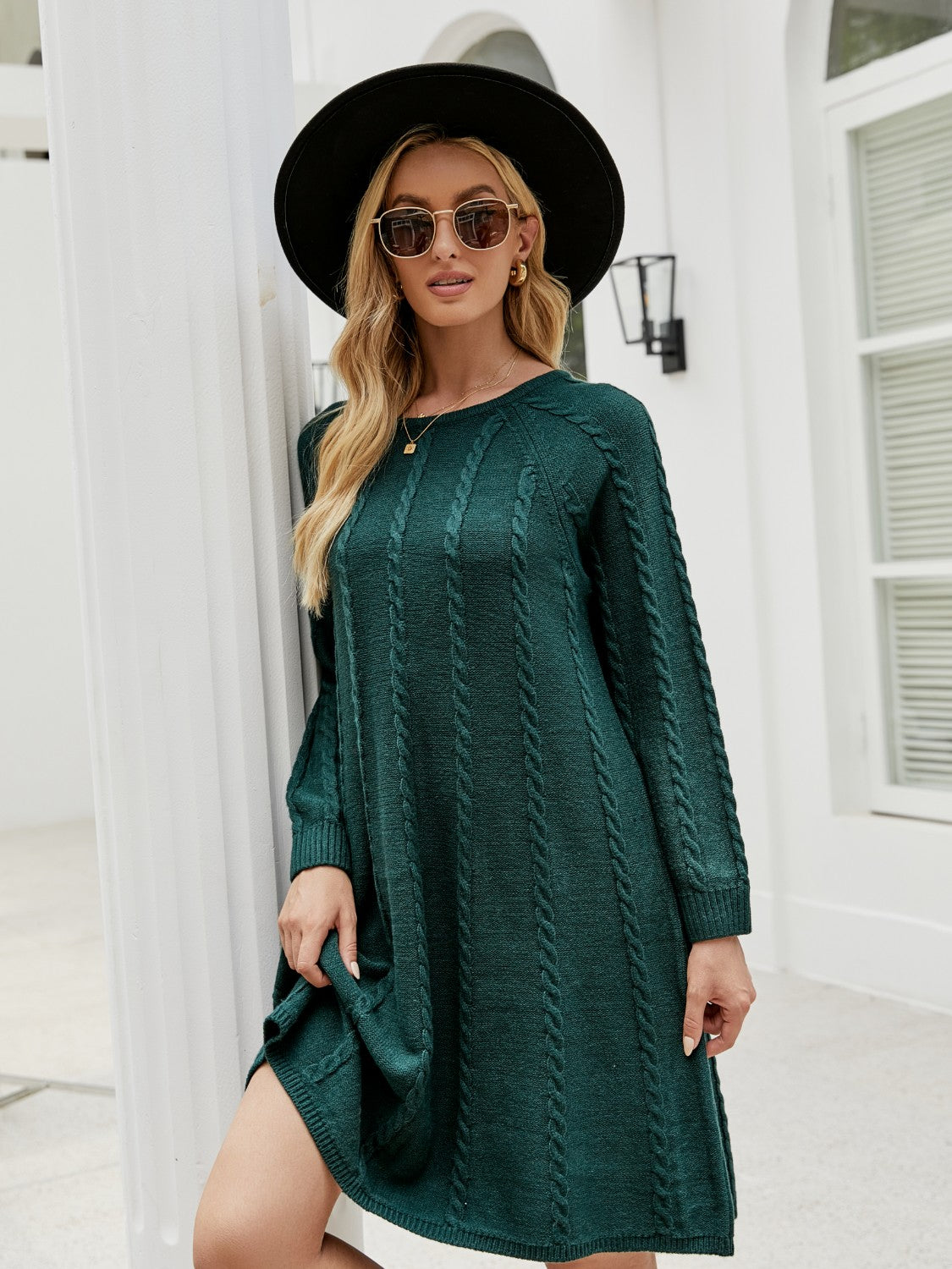 Cable-Knit Long Sleeve Sweater Dress, view 2