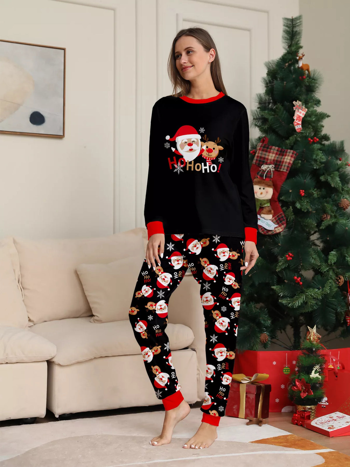 Full Size Matching Family Christmas Pajamas Set with Santa and Reindeer Print Plus Size