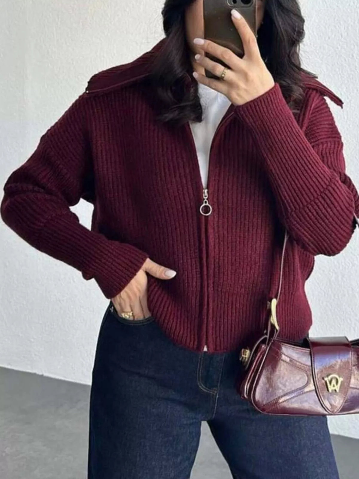 Zip Up Dropped Shoulder Cardigan - Lilixa.store