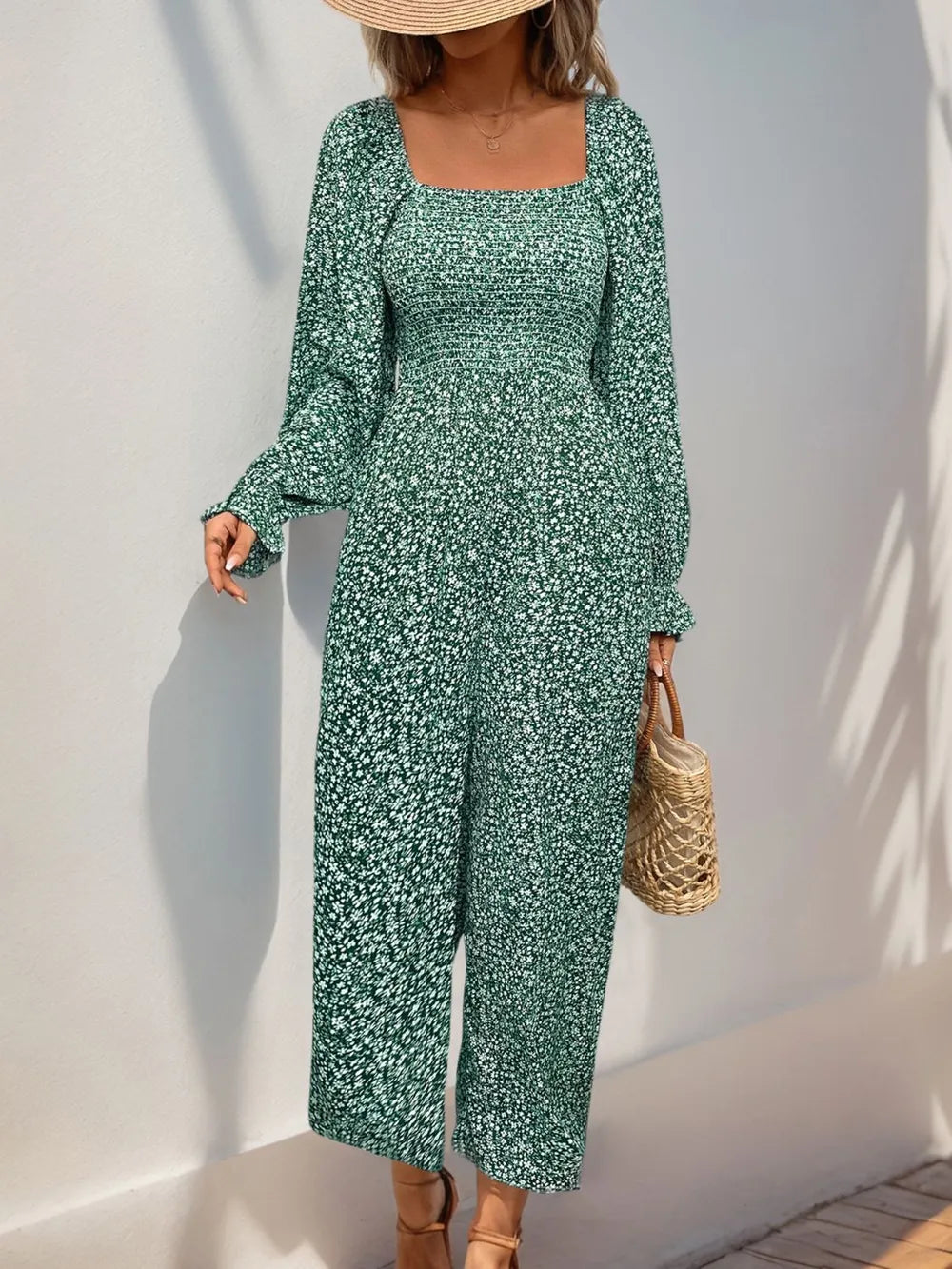 Perfee Smocked Printed Long Sleeve Wide Leg Jumpsuit - Lilixa.store
