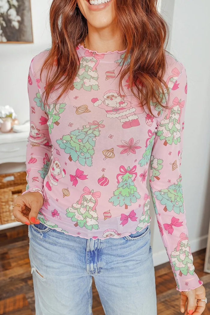 Christmas Print Sheer Mesh Slim Fit Long Sleeve Top in Dusty Pink
