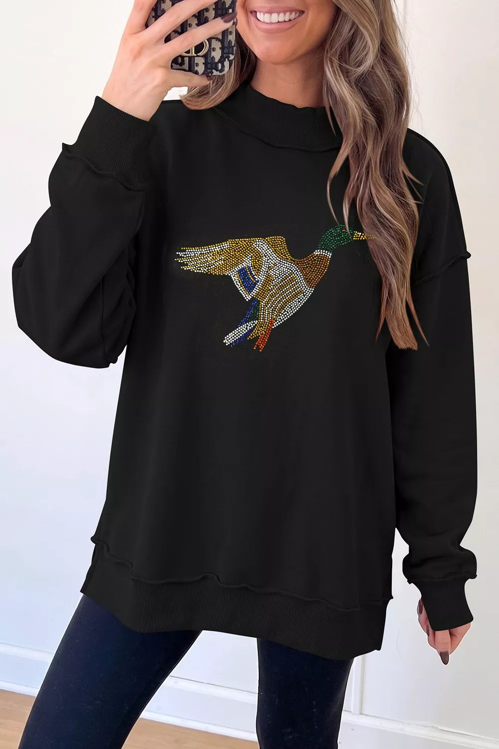 Rhinestone Flying Mallard Mock Neck Tunic Sweatshirt