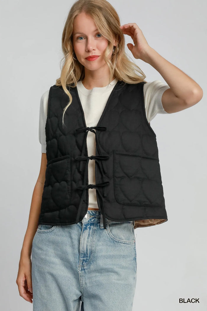 Umgee Heart Quilted Tie-Front Vest in Black