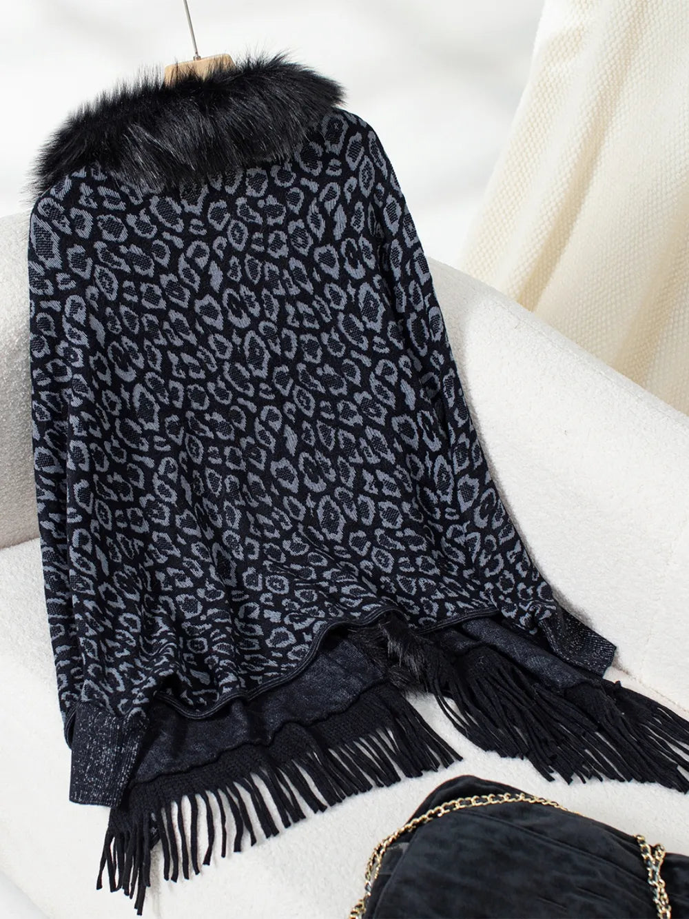 Fringe Leopard Open Front Long Sleeve Poncho, view 12