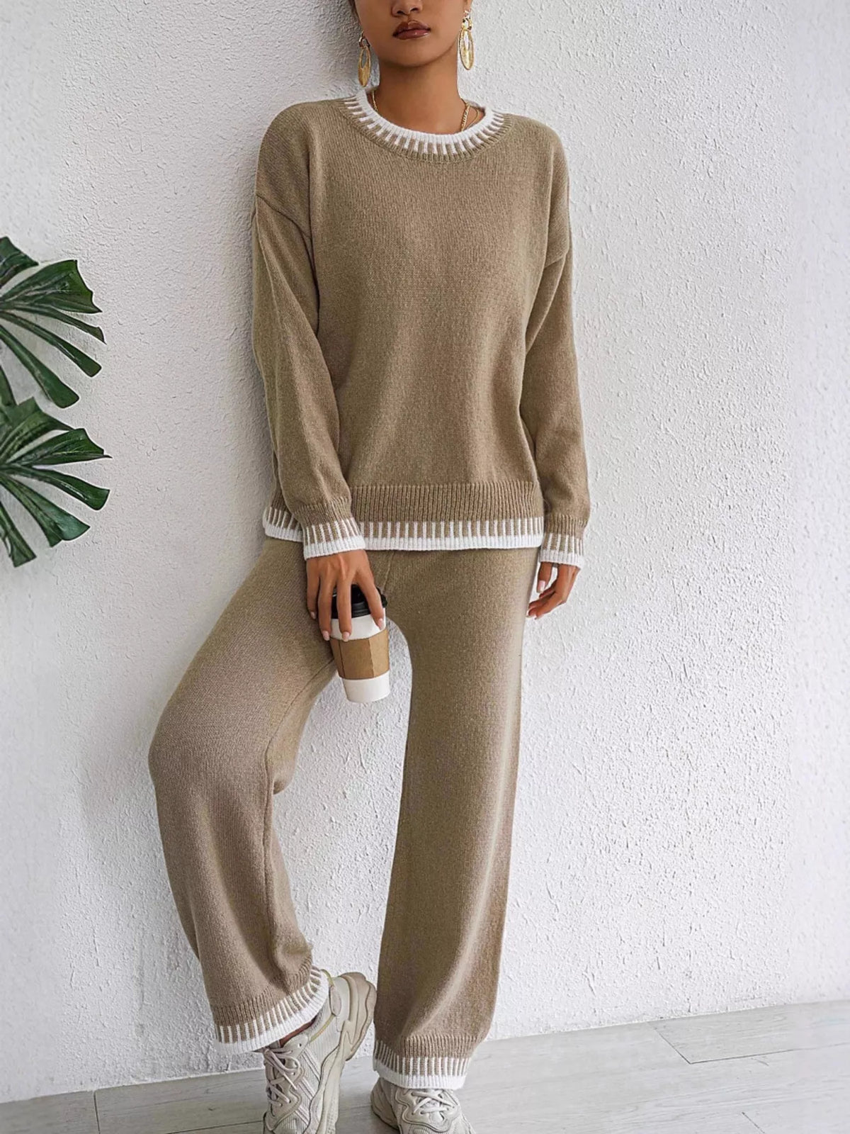 Contrast Trim Crew Neck Sweater and Pants Set