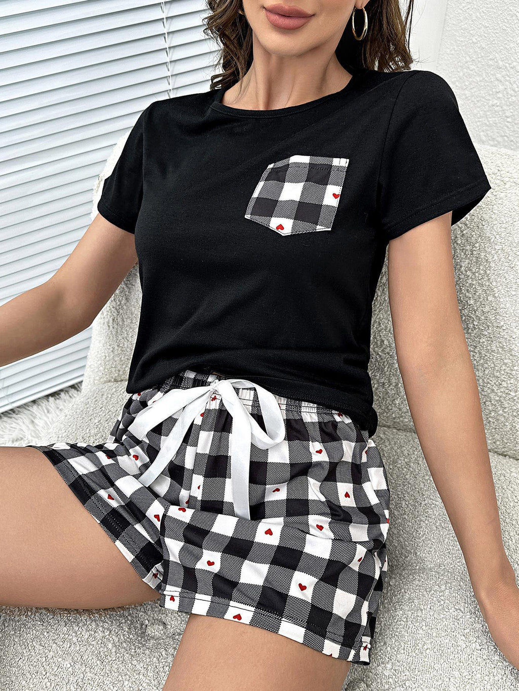 Plaid Heart Top and Shorts Lounge Set - Lilixa.store