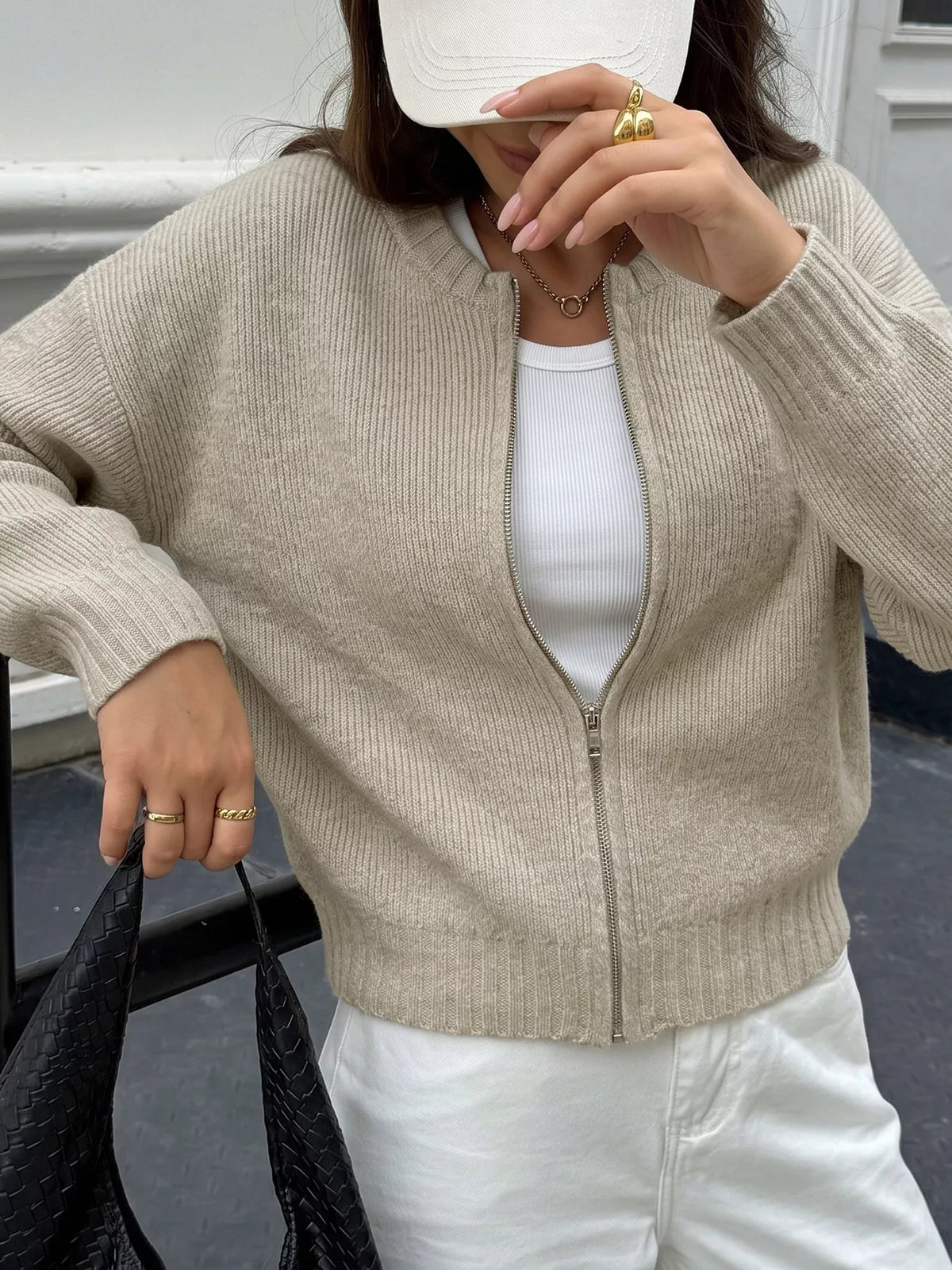 Zip-Up Dropped Shoulder Cardigan in Khaki, view 2