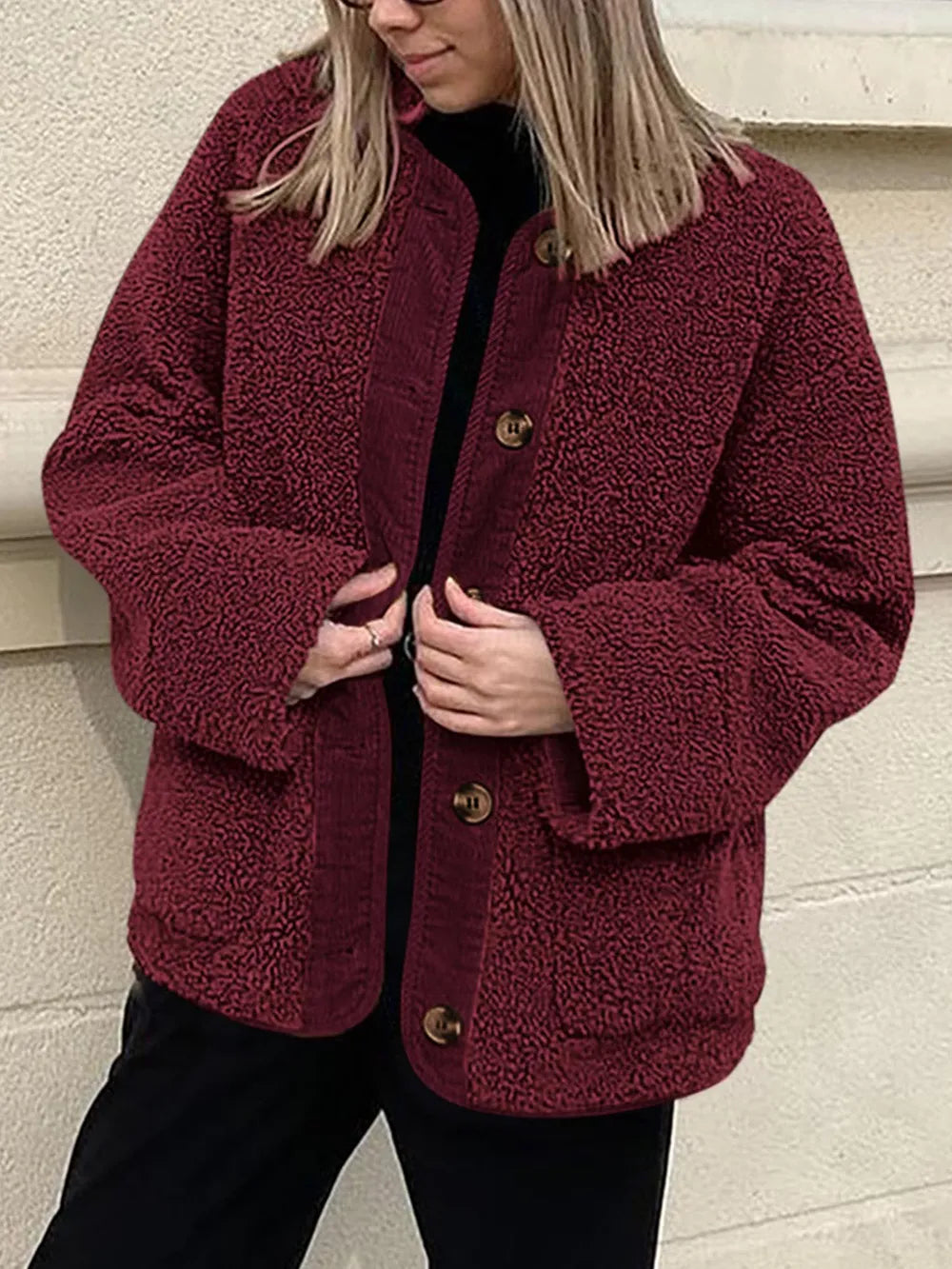 Contrast Button Up Sherpa Jacket with Pockets, view 17