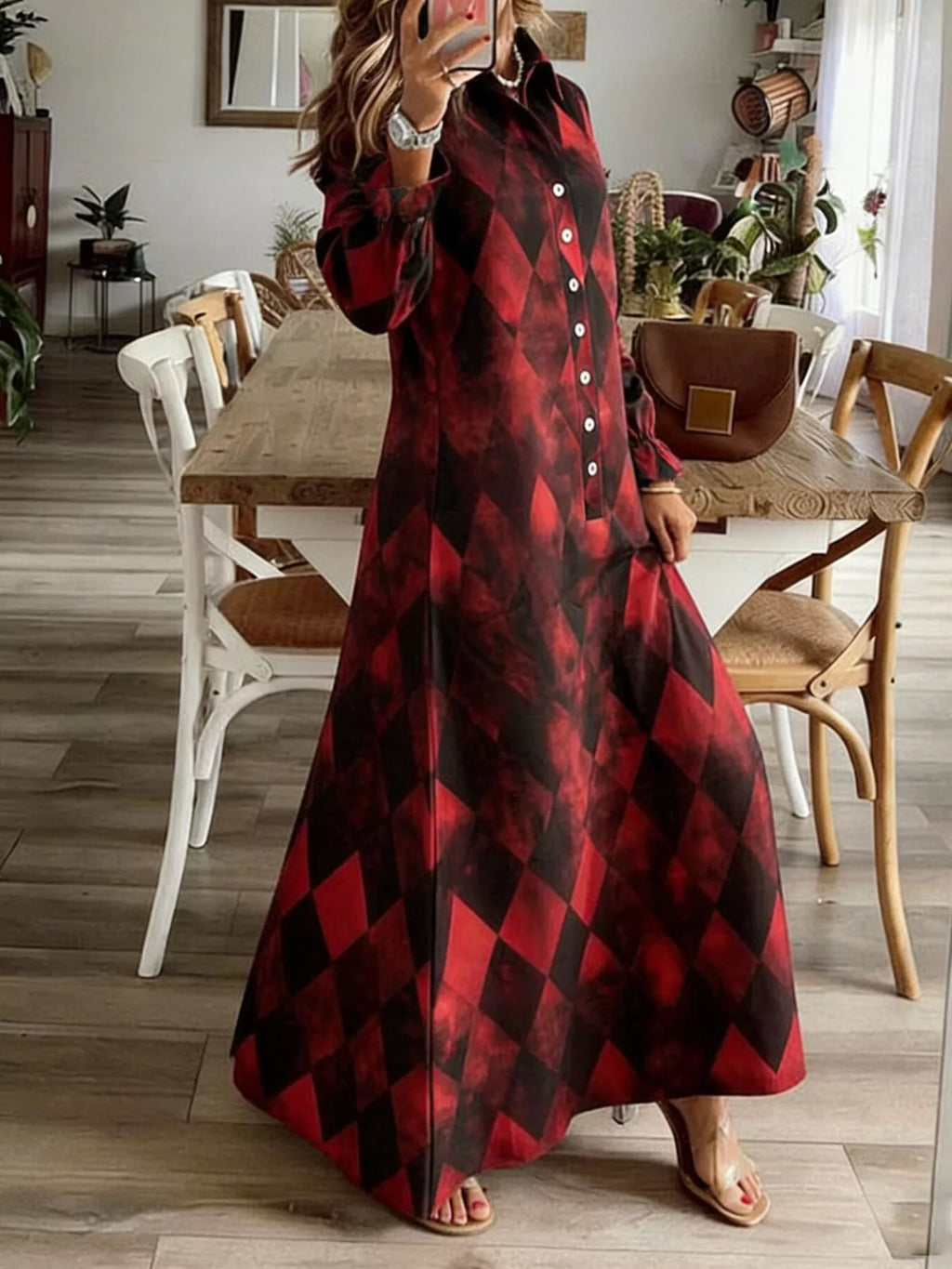 Argyle Print Button-Down Maxi Dress - Lilixa.store