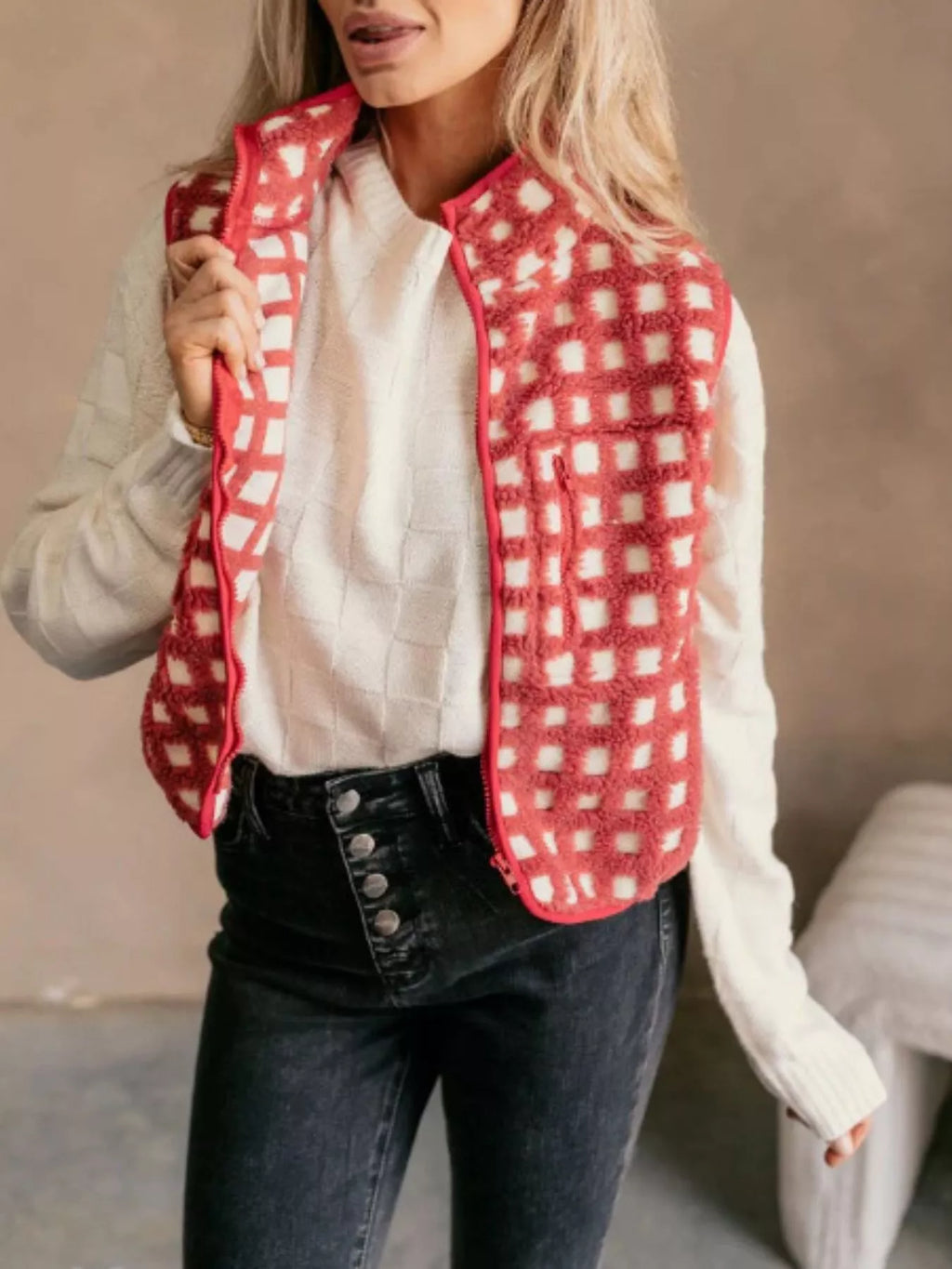 Plaid Zip Up Vest Coat - Lilixa.store