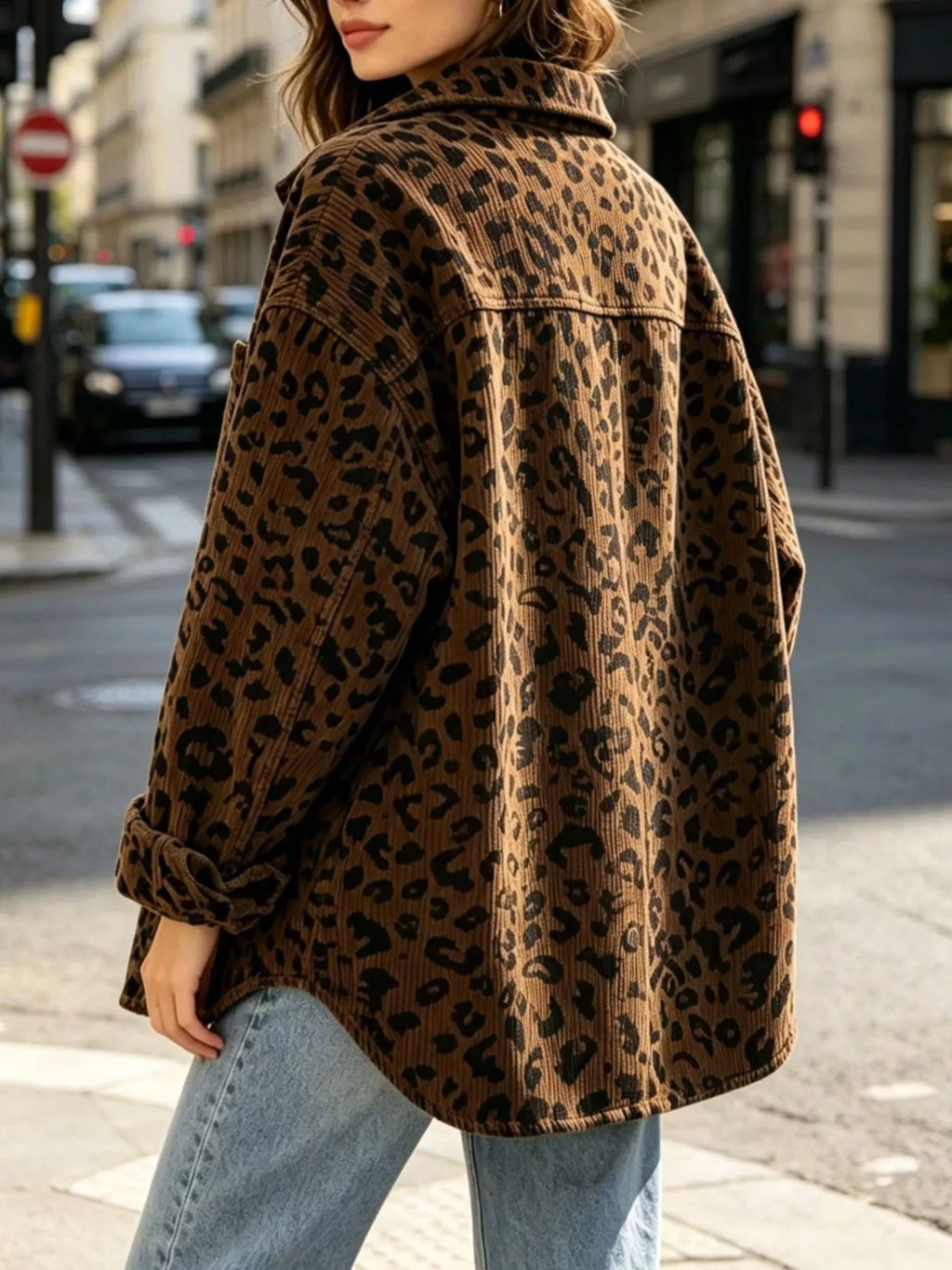 Oversized Leopard Corduroy Button-Down Shirt - Lilixa.store