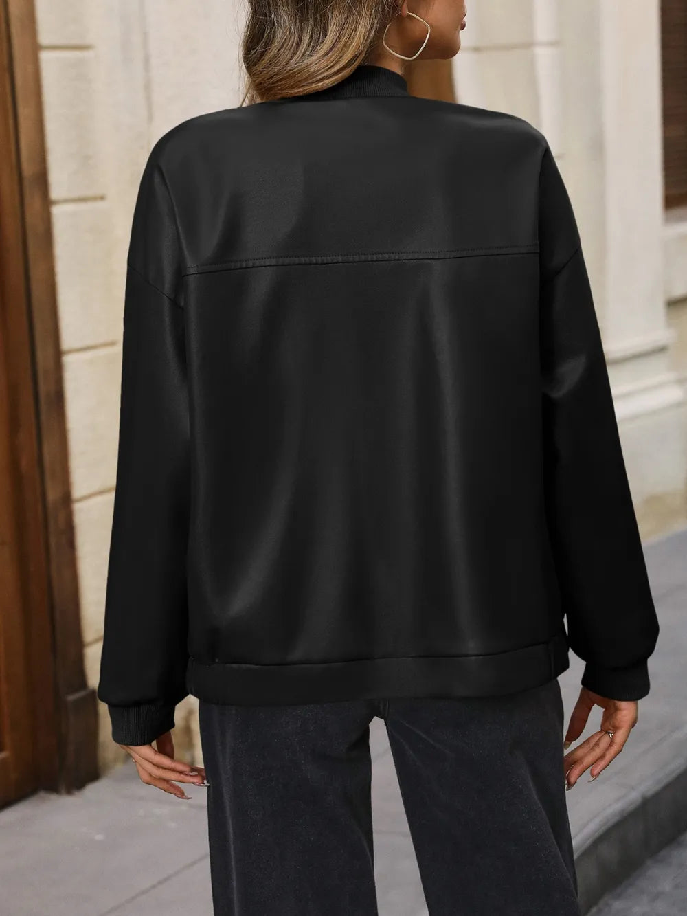 Ivy Lane Zip Up Baseball Collar Dropped Shoulder Jacket, view 4