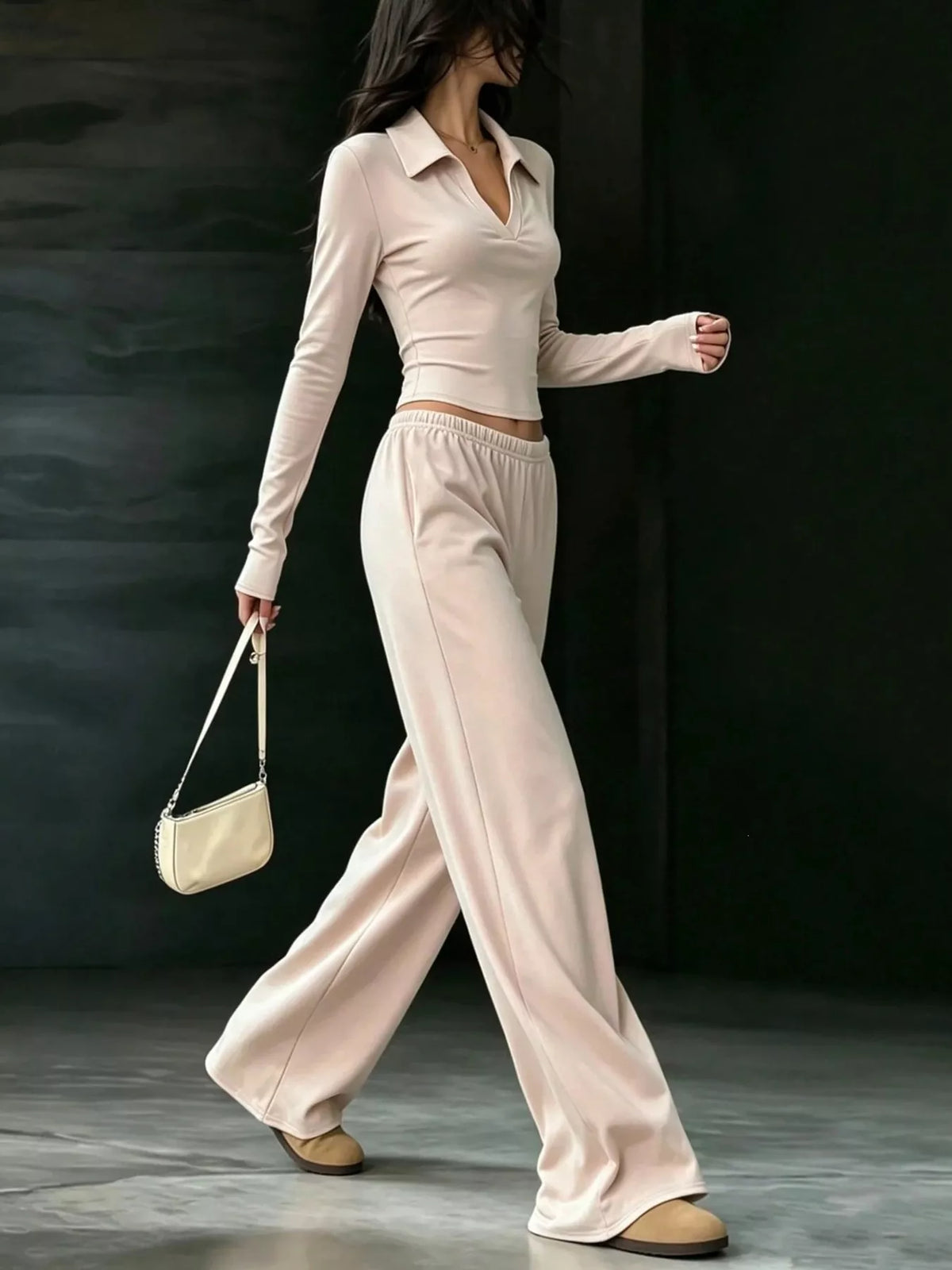 Solid Color Long Sleeve Polo Collar Top and Wide Leg Pants Set - Lilixa.store
