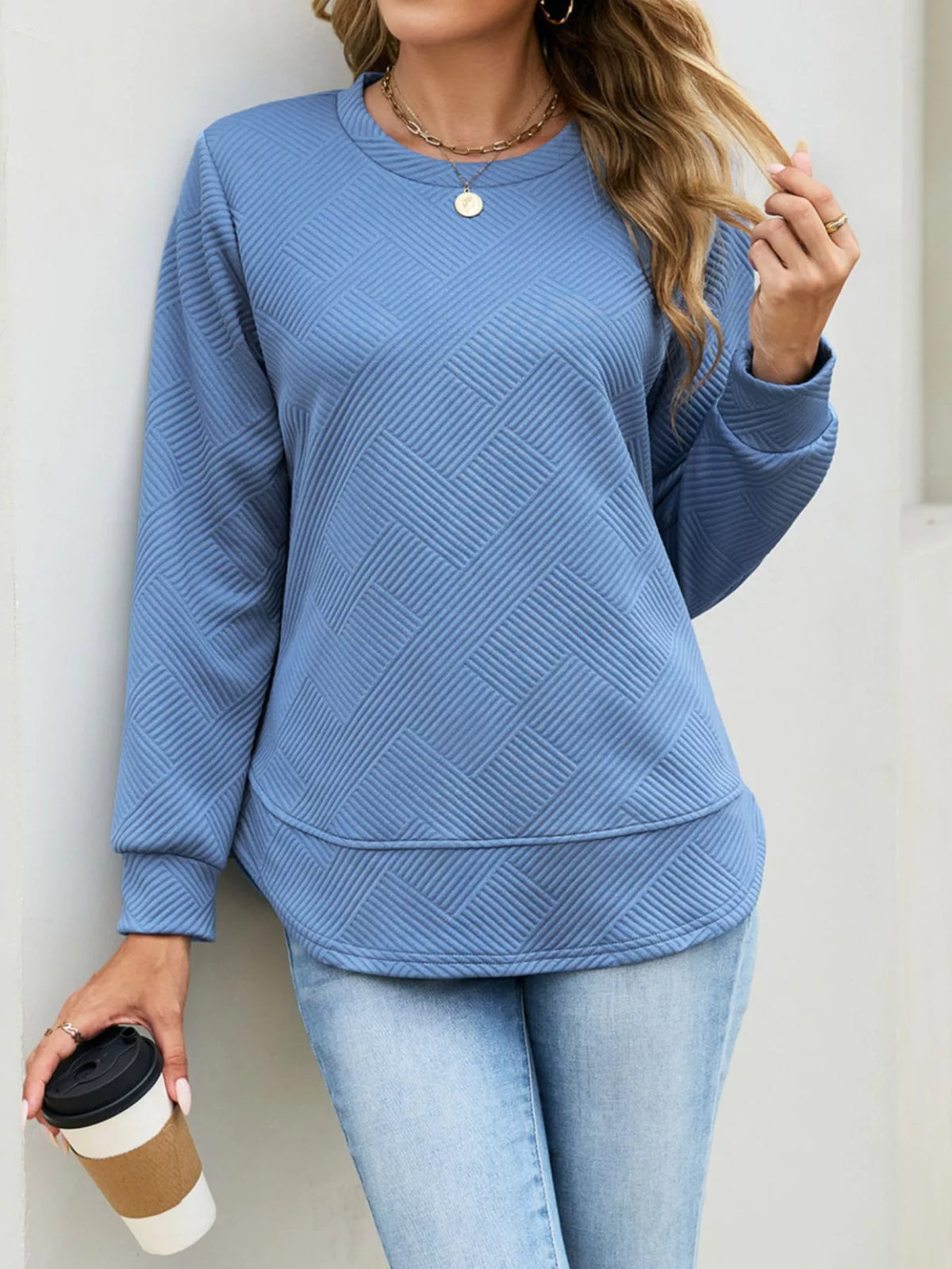 Textured Crew Neck Sweatshirt - Lilixa.store