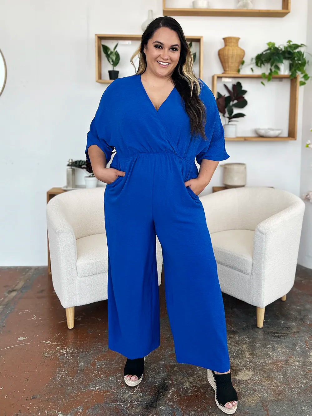 Double Take Full Size Surplice Wide Leg Jumpsuit with Pockets - Lilixa.store