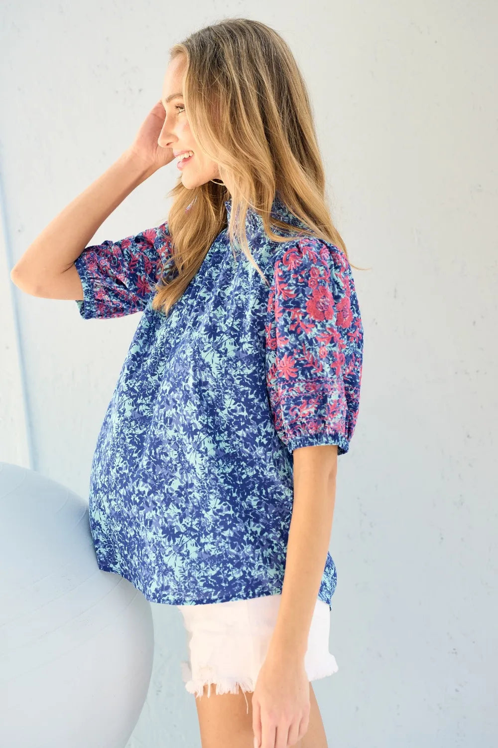 Hailey & Co Embroidered Puff Sleeve Printed Blouse in Blue, view 3