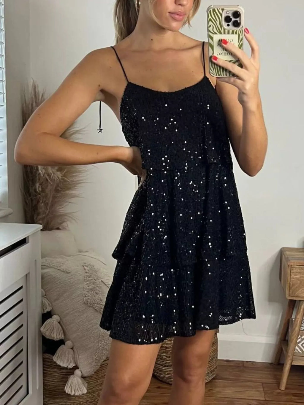 Full Size Sequin Tie Shoulder Mini Dress Plus Size - Lilixa.store