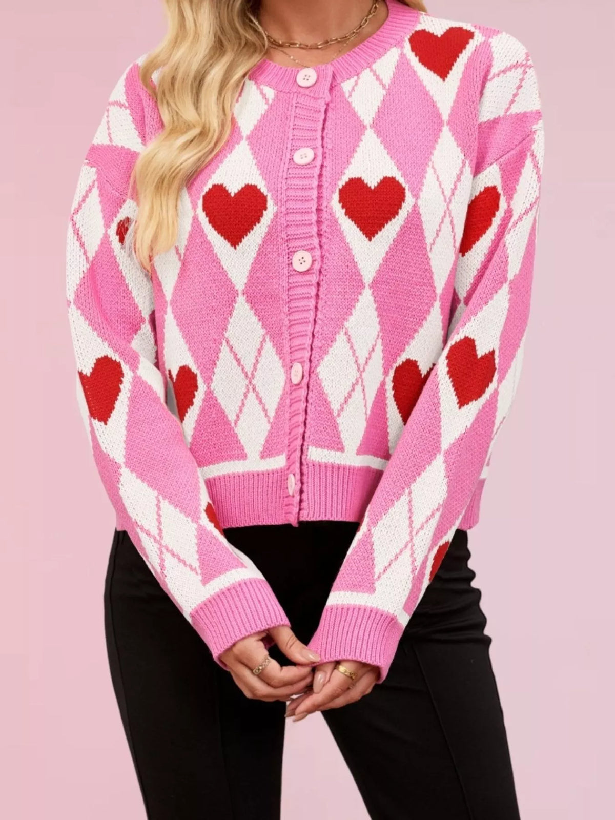 Argyle Heart Pattern Button-Up Knit Cardigan - Lilixa.store