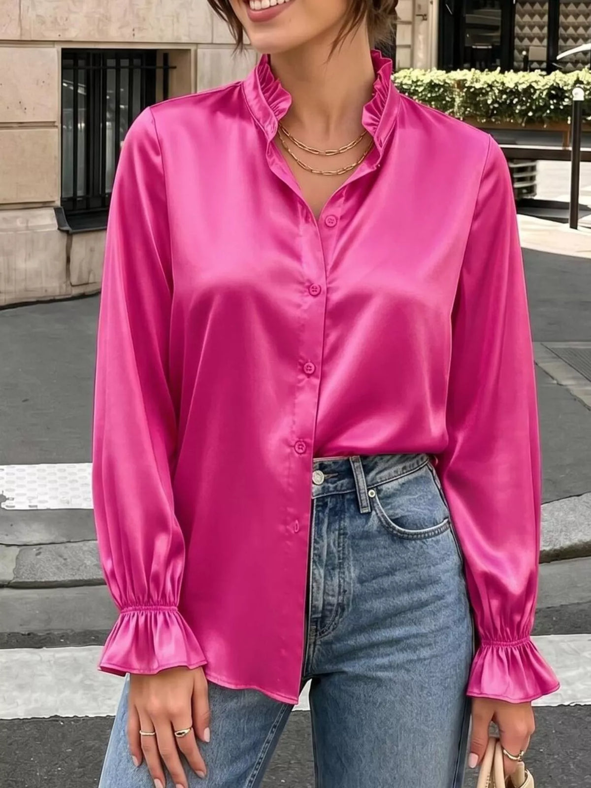 Elegant Button Down Ruffle Trim Satin Shirt in Rose Red