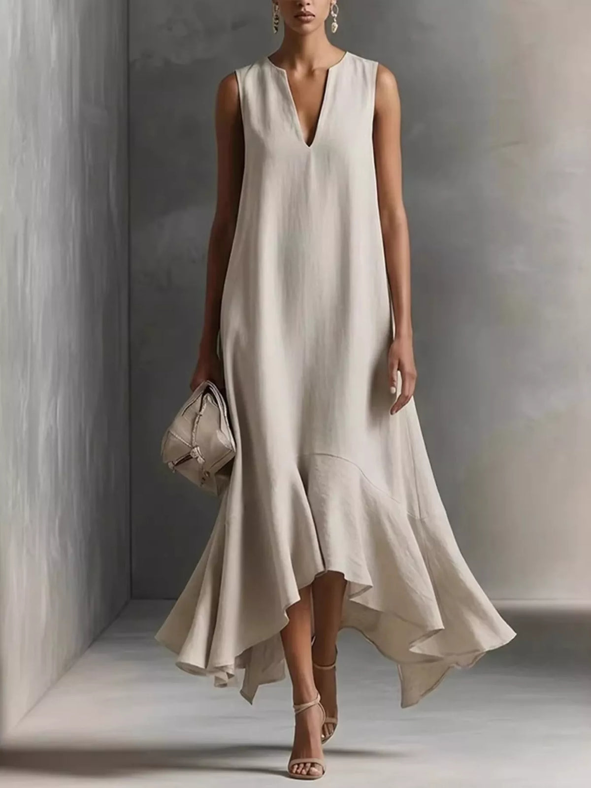 Ruffled Hem Sleeveless Notched Dress