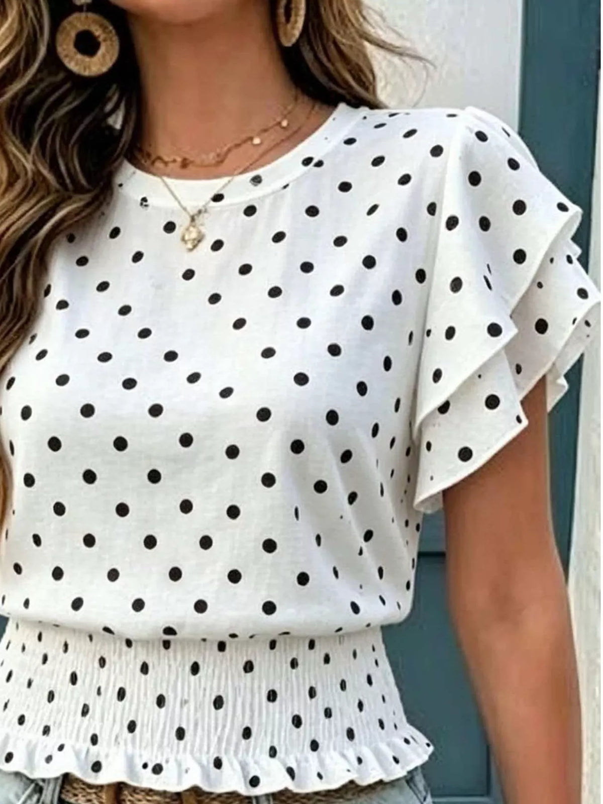 Polka Dot Ruffle Sleeve Blouse - Lilixa.store