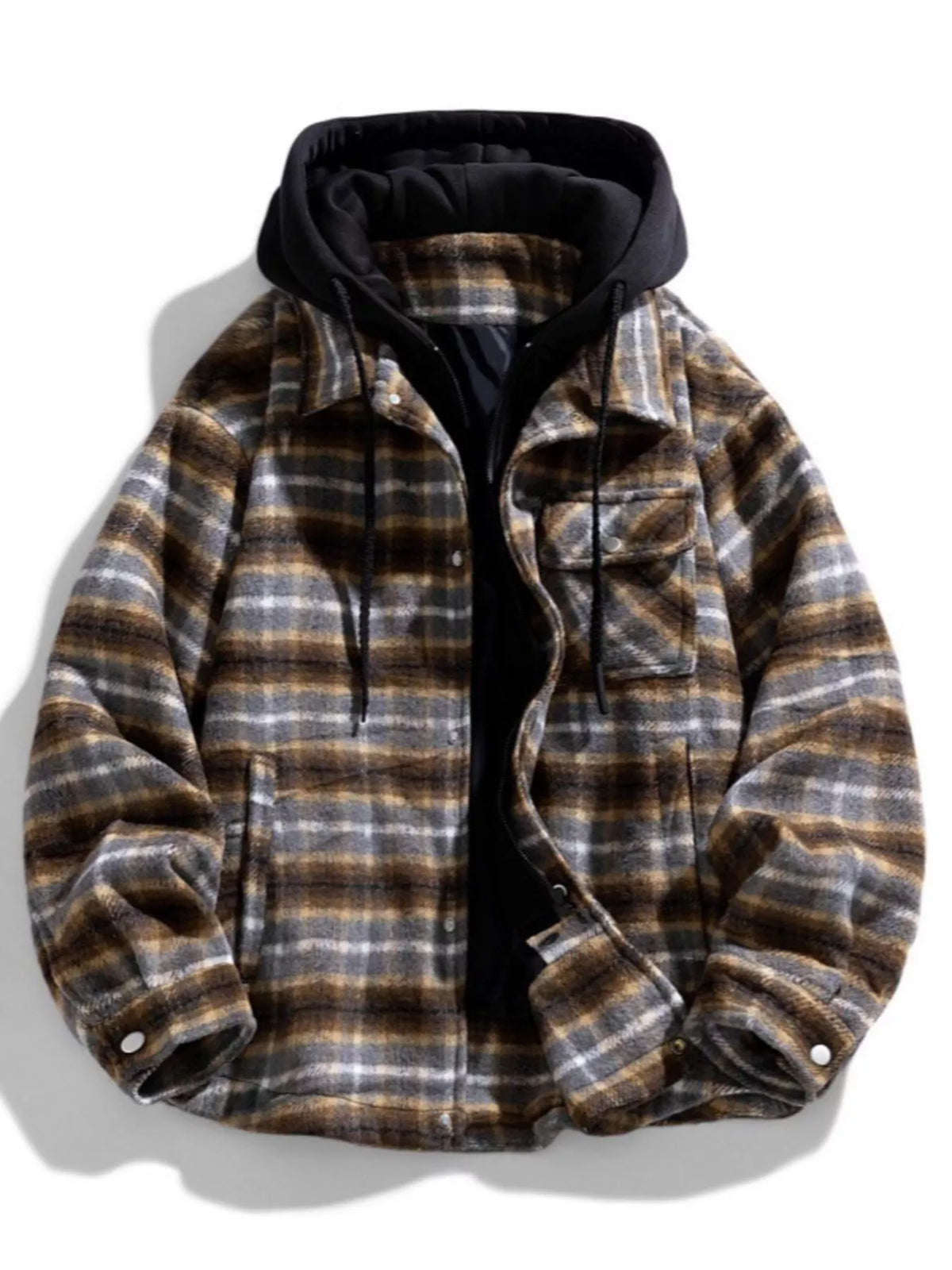 Men's Plus Size Drawstring Hooded Plaid Shirt Jacket - Lilixa.store