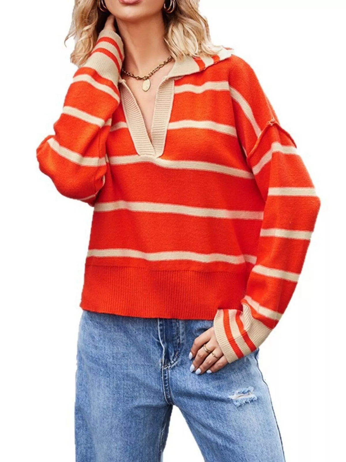 Striped Johnny Collar Dropped Shoulder Sweater - Lilixa.store