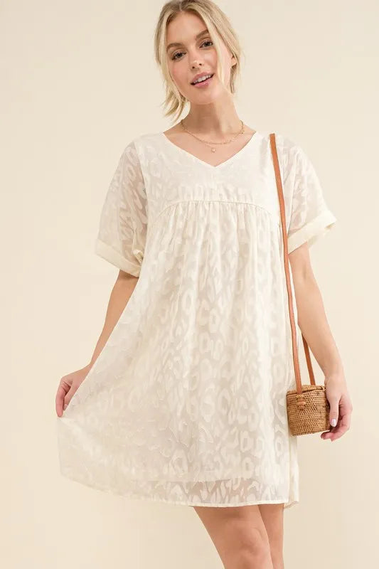 And The Why Woven Leopard Baby Doll Roll-Sleeve Casual Dress - Lilixa.store