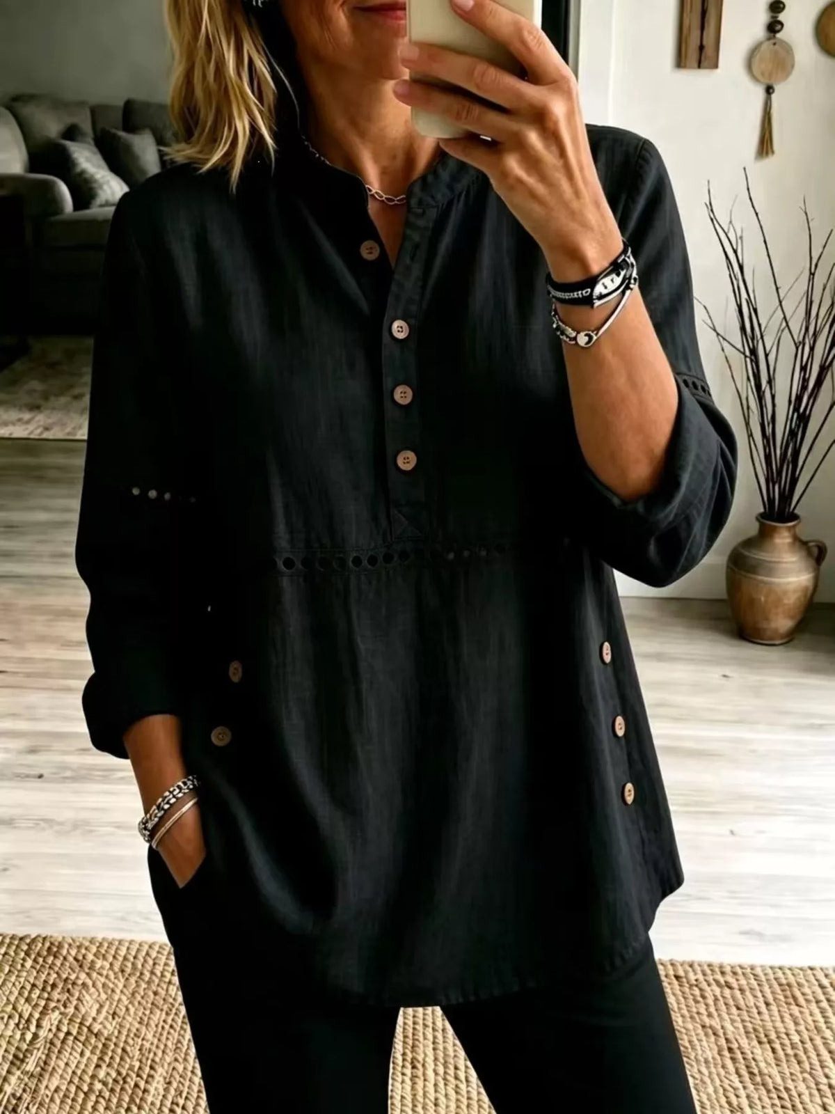 Full Size Button Detail Eyelet Long Sleeve Blouse Plus Size in Black