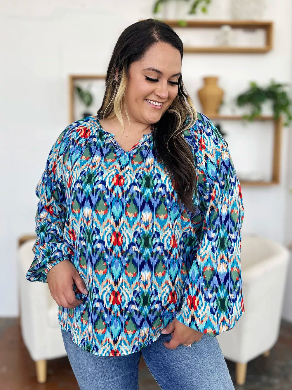 Double Take Full Size Printed Balloon Sleeve Blouse - Lilixa.store