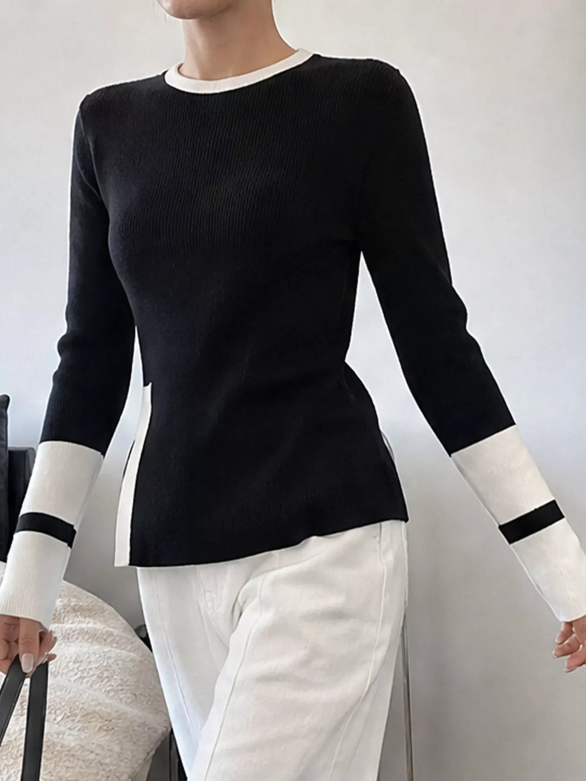 Side Slit Contrast Trim Sweater