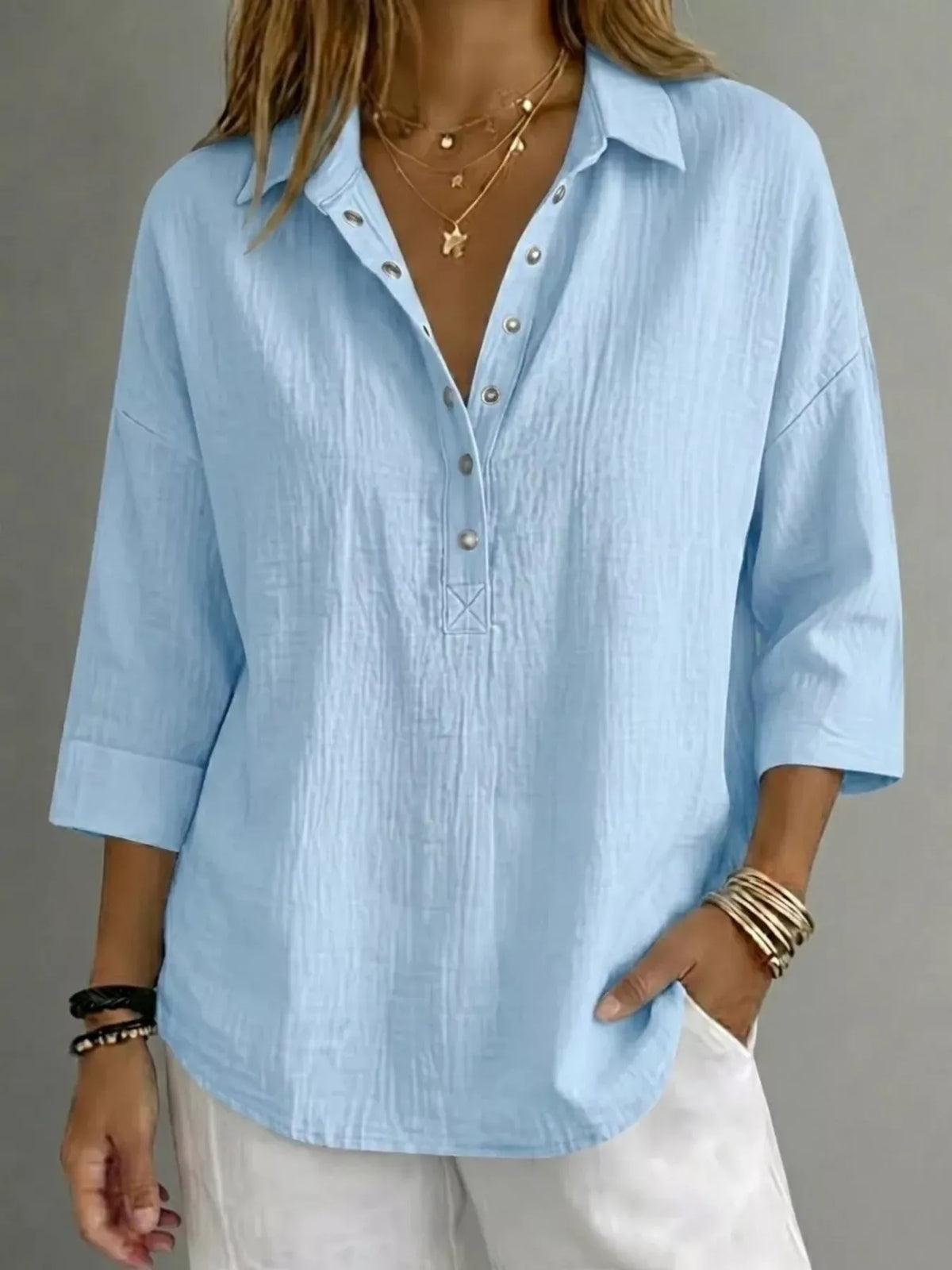 Full Size Snap Down 3/4 Sleeves Blouse Plus Size - Lilixa.store