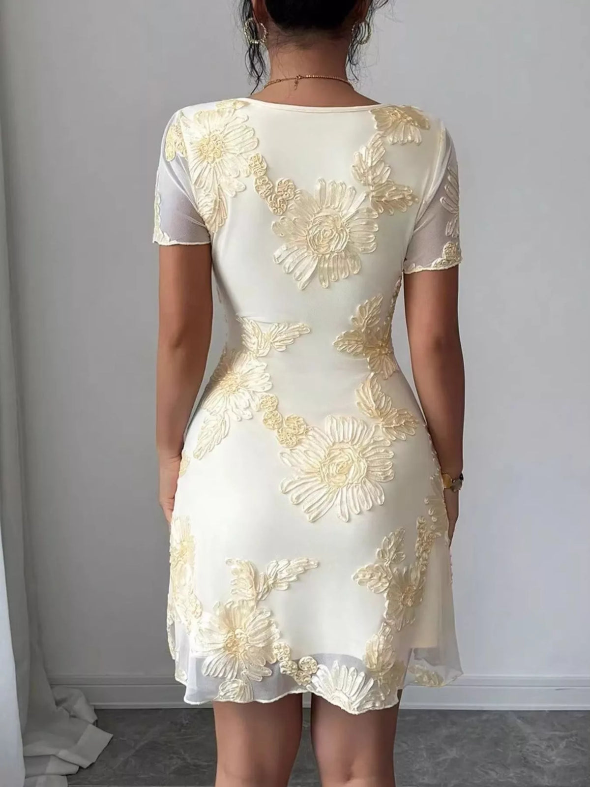 Floral Mesh Short Sleeve Mini Dress in Milky White, view 3