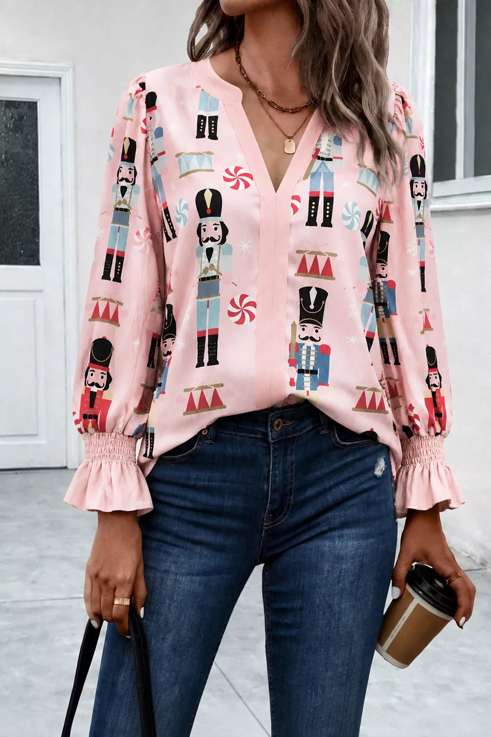 Nutcracker Print Notched Flounce Sleeve Blouse in Blush Pink, view 3