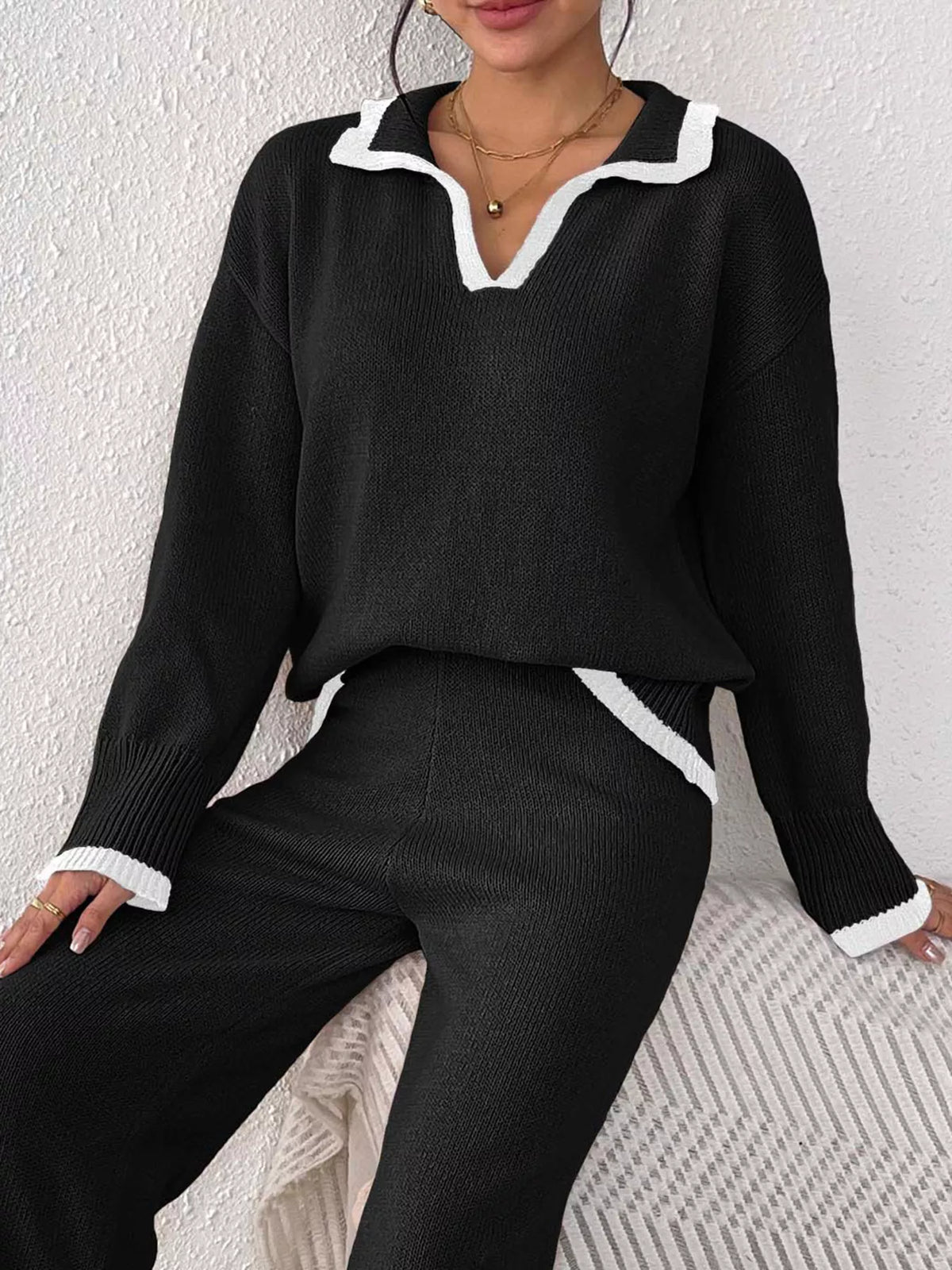 Contrast Trim Polo Collar Sweater - Lilixa.store