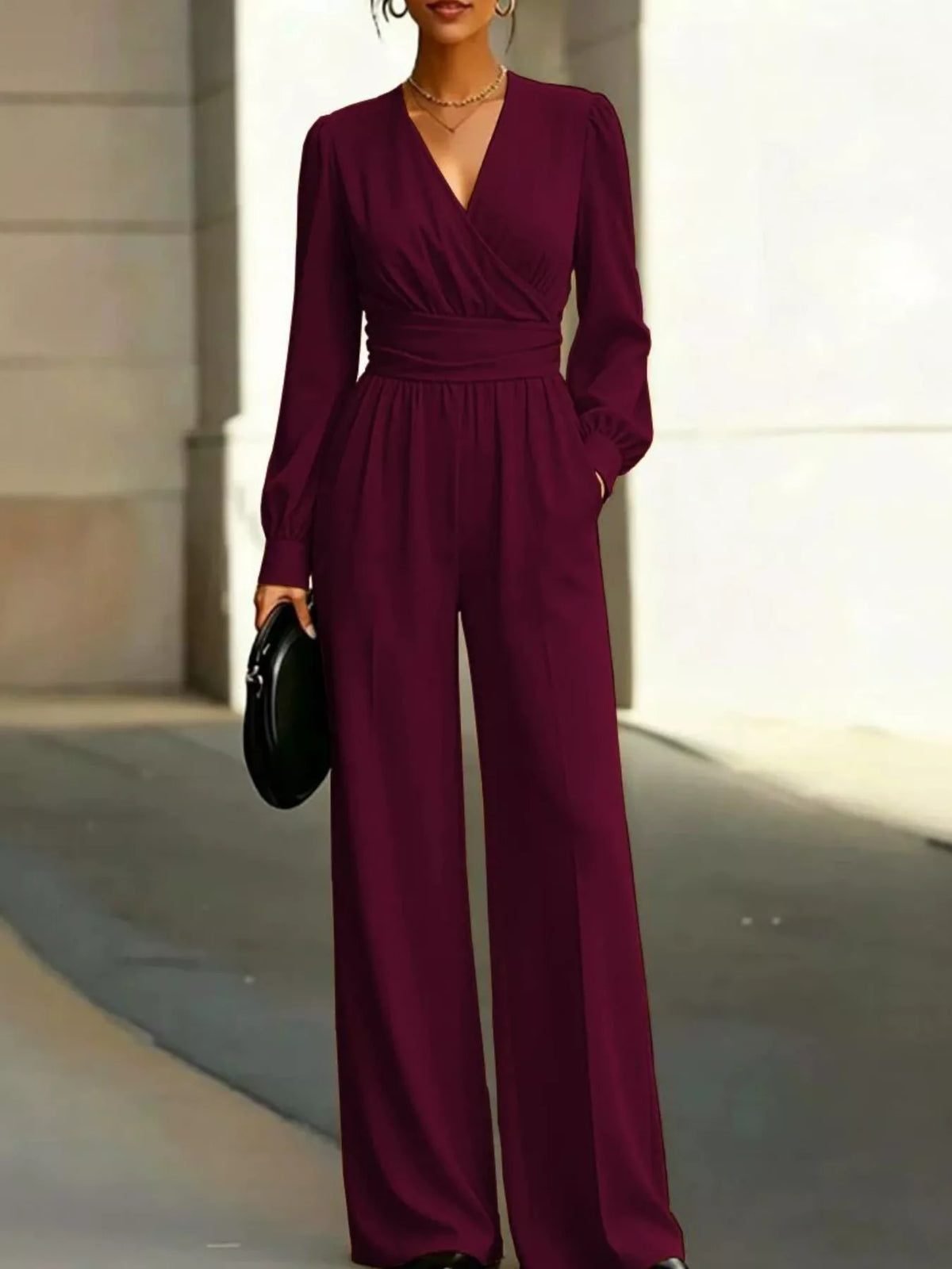 Surplice Long Sleeve Wide-Leg Jumpsuit in Wine Red