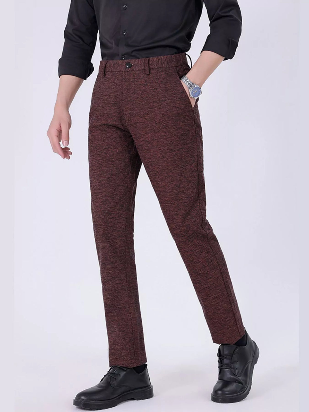 Men's Textured Slim-Fit Pants in Burgundy, view 2
