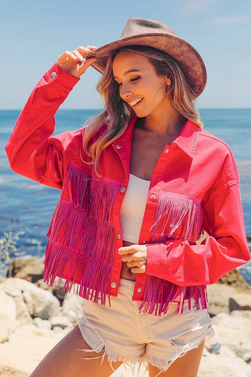 BiBi Rhinestone Fringe with Studed Collar Jacket in Fuchsia, view 7