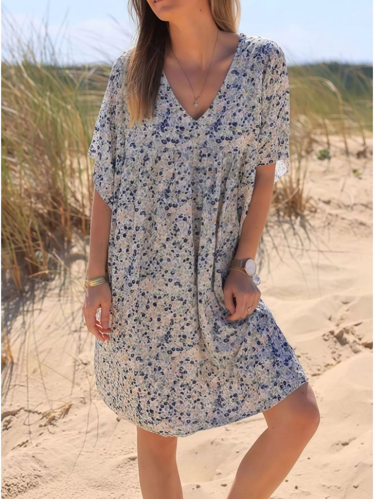 Plus Size Floral Print V-Neck Loose Fit Dress