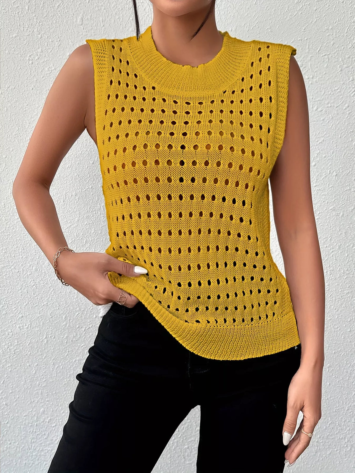 Hollow Out Round Neck Knit Tank in Gold