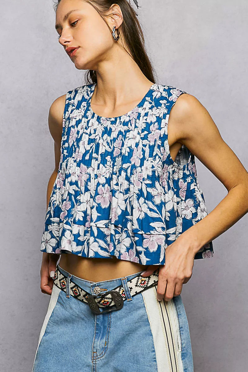 POL Floral Round Neck Cropped Pintuck Tank - Lilixa.store