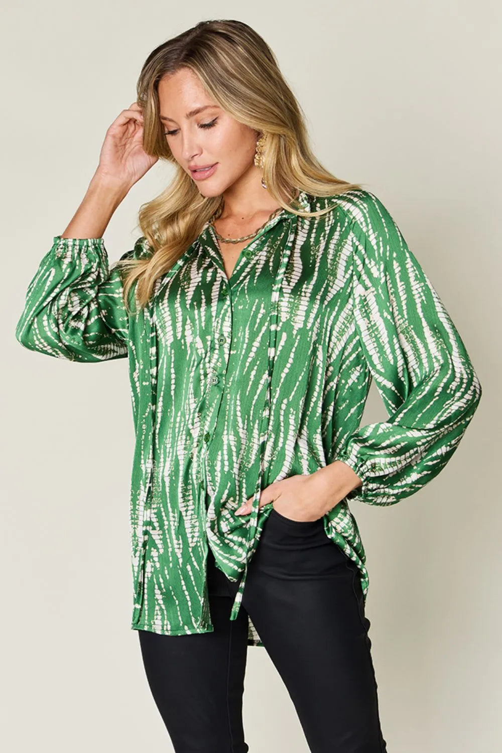 Double Take Full Size Printed Button Up Long Sleeve Shirt - Lilixa.store