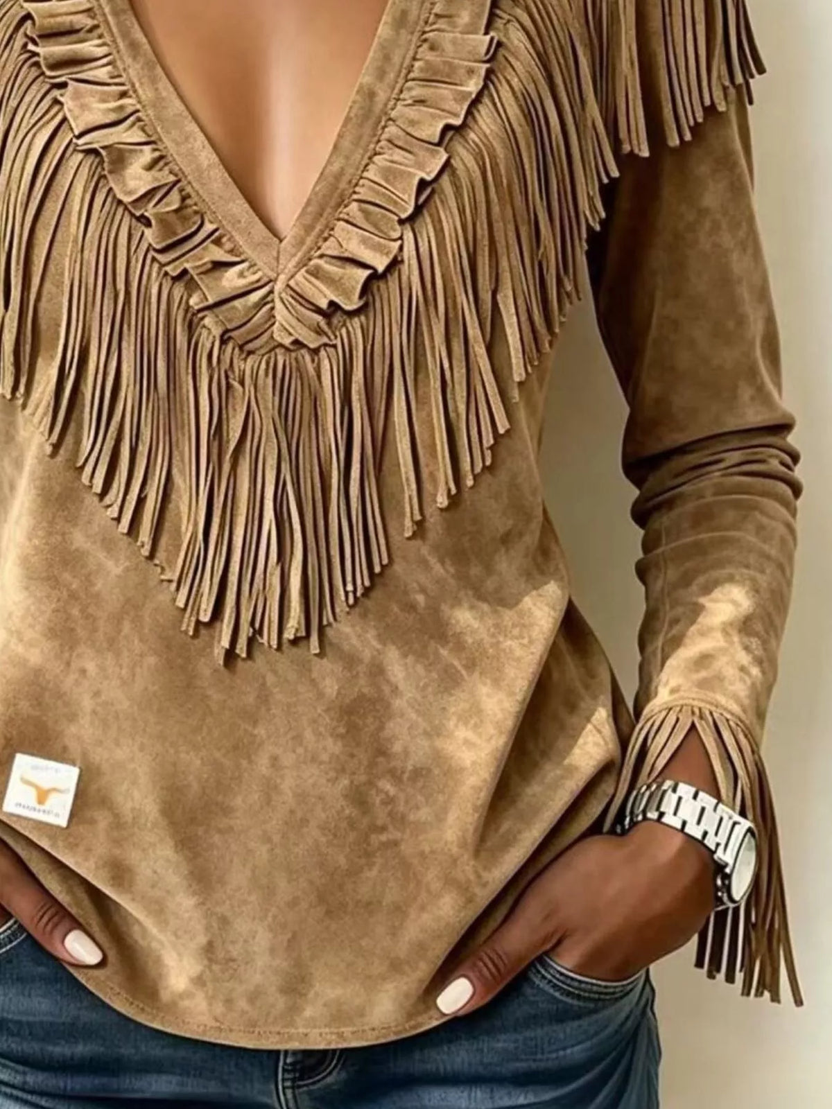 Fringed V-Neck Blouse
