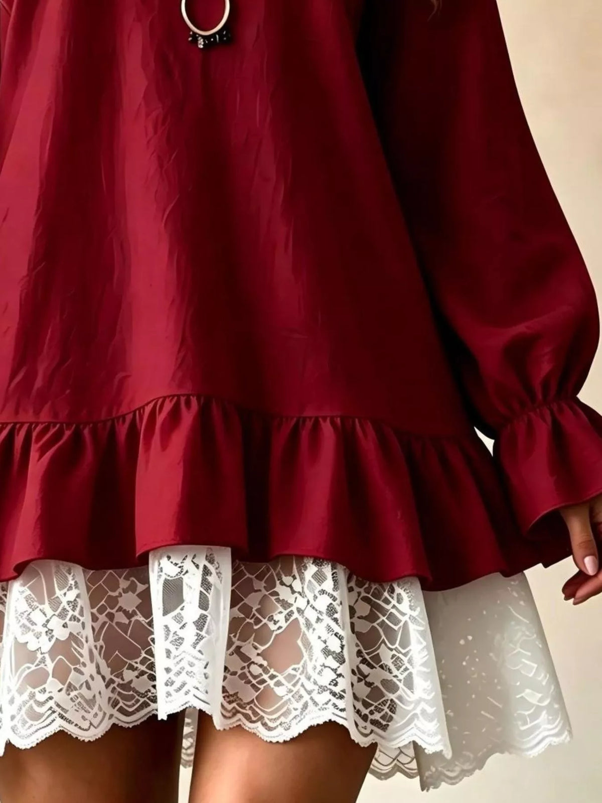 V-Neck Long Sleeve Ruffle Hem Lace Trim Mini Dress, view 4