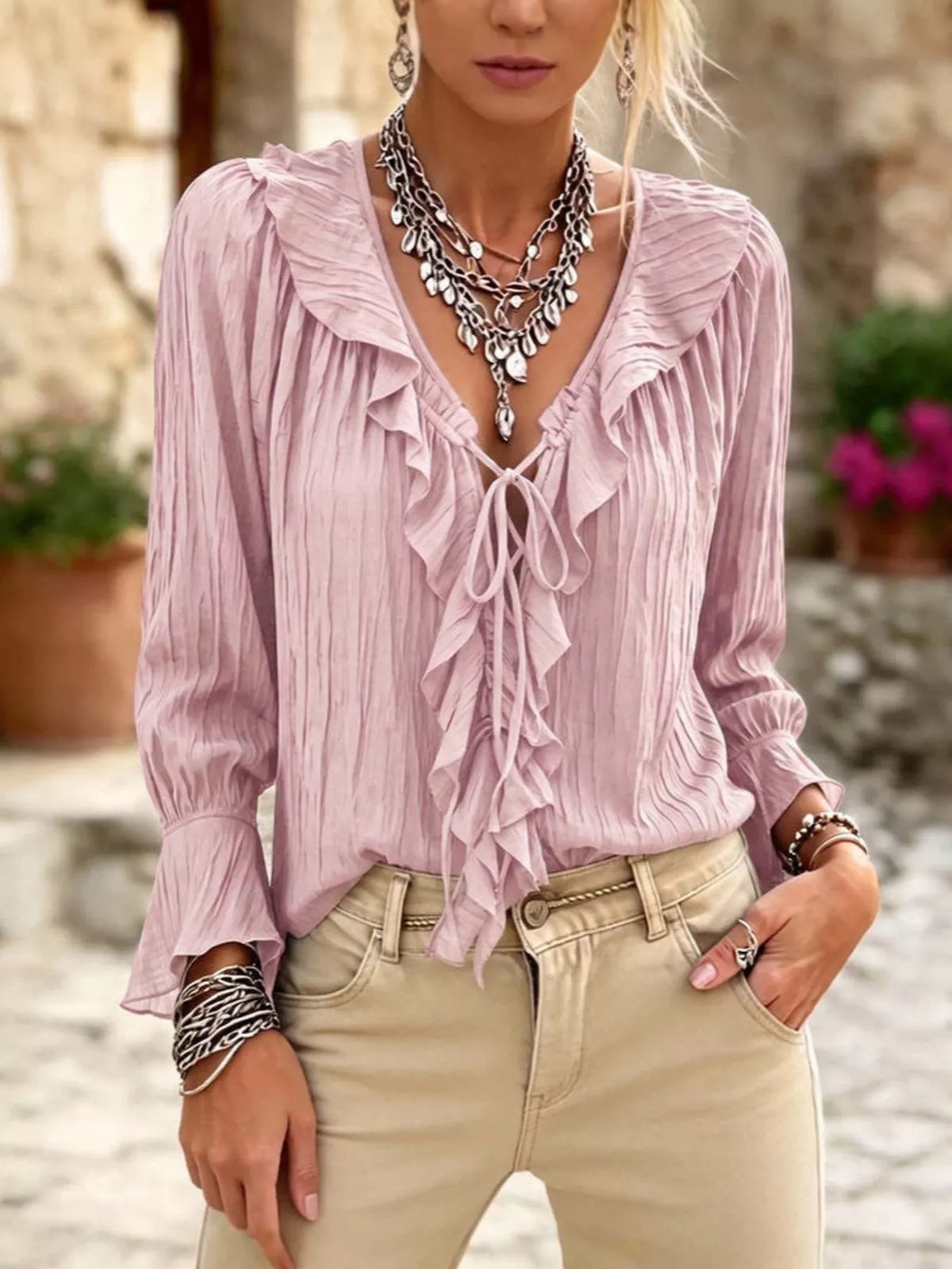 Full Size Ruffled Tie Neck Long Sleeve Blouse Plus Size