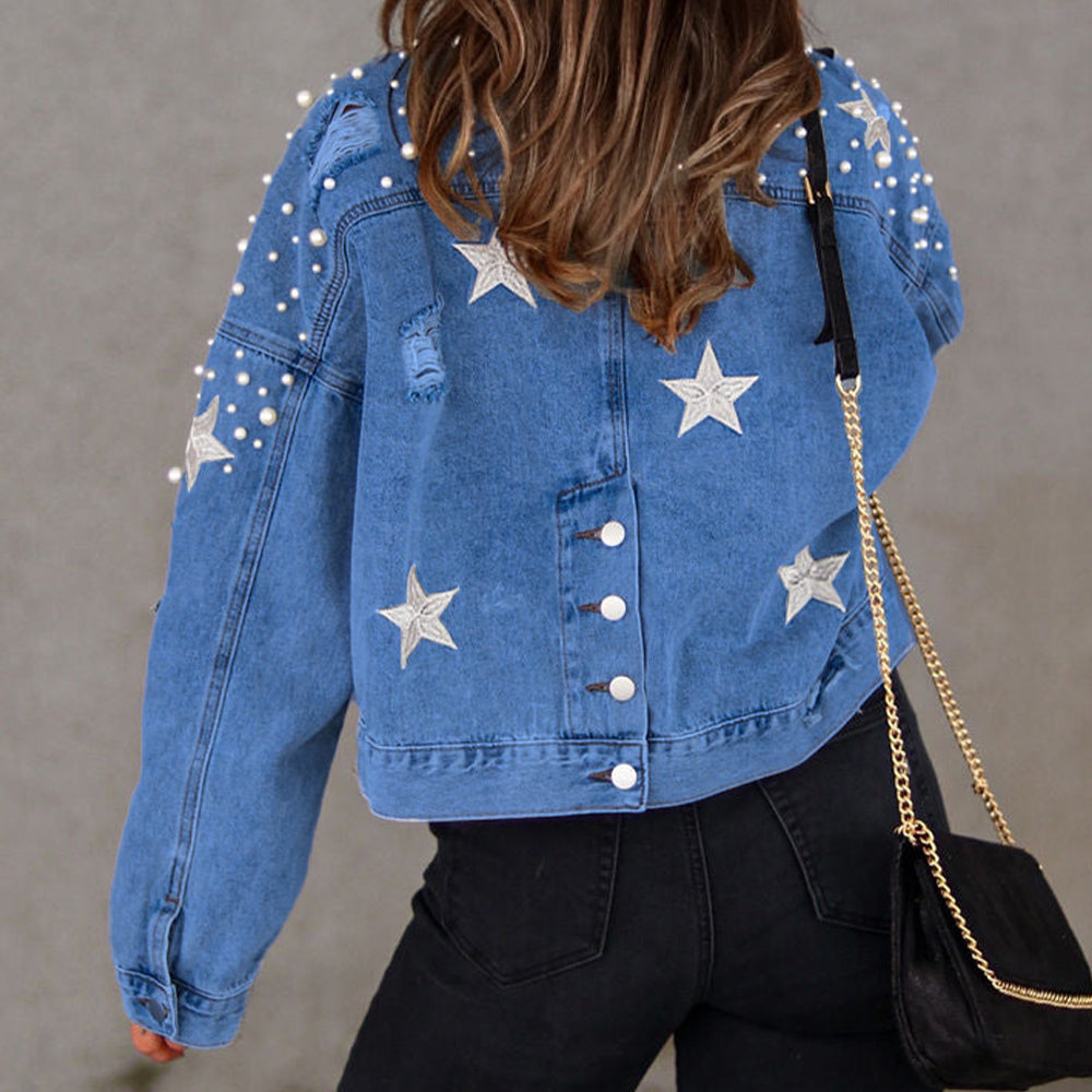 Bead Detail Denim Jacket in Black, view 6