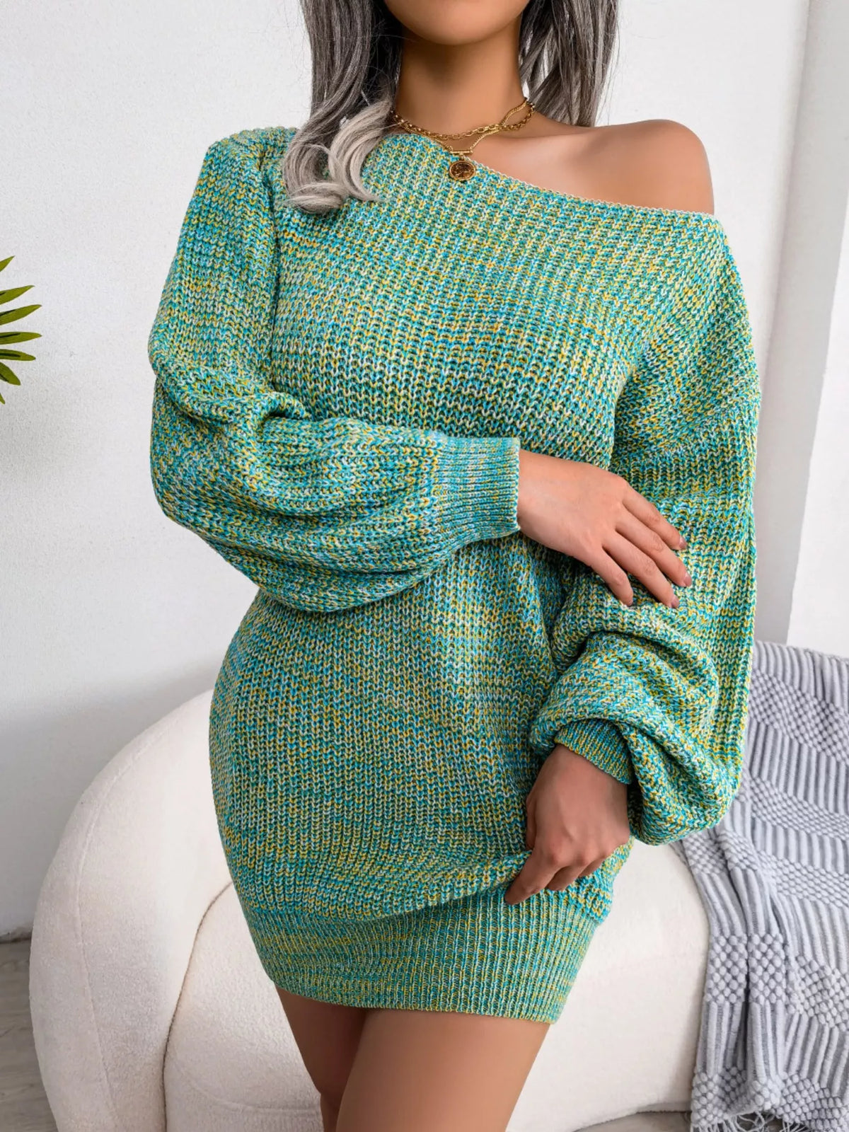 Multi-Color One-Shoulder Sweater Dress, view 2