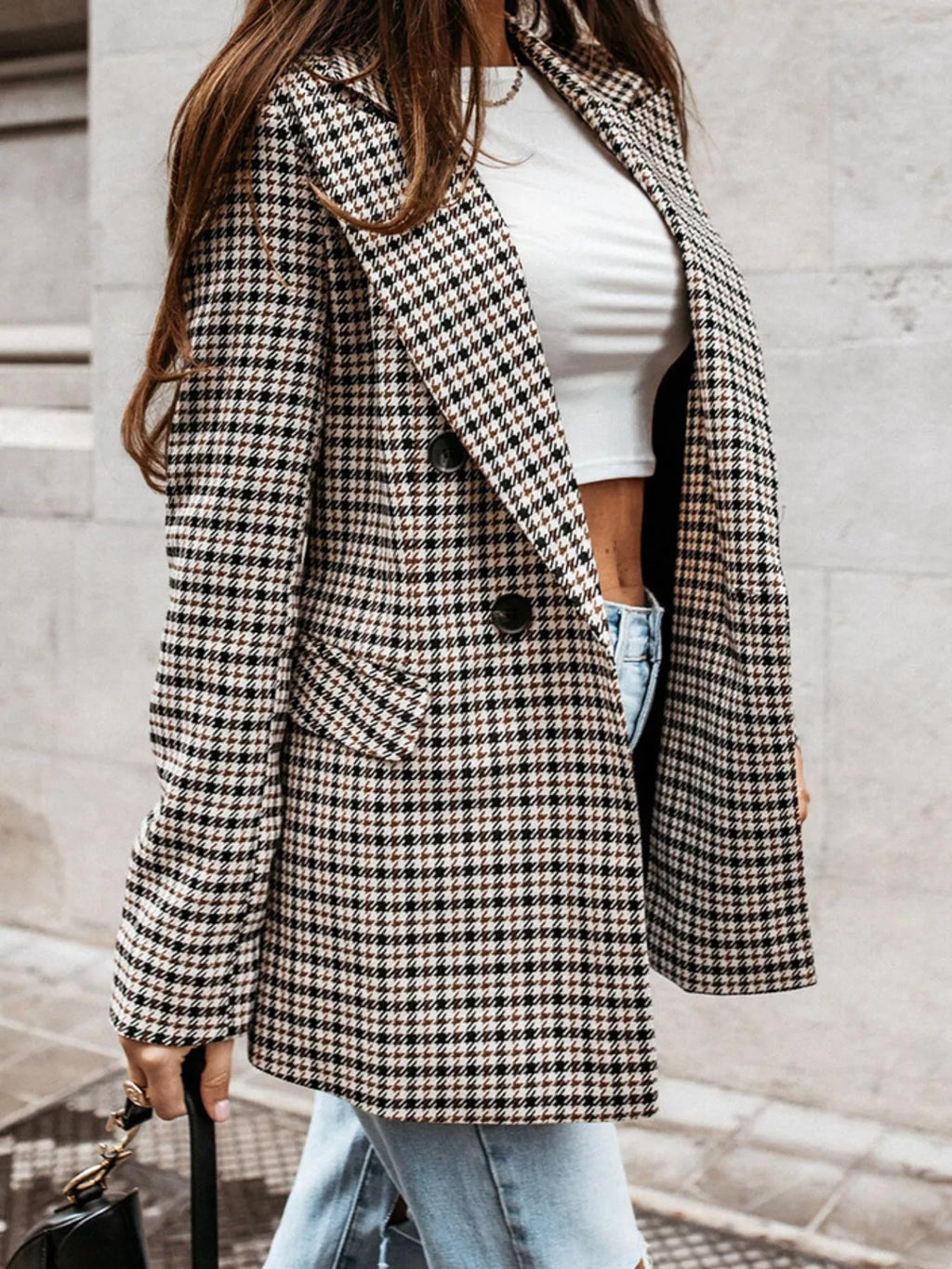 Classic Houndstooth Double-Breasted Blazer - Lilixa.store
